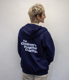 Blue hooded sweatshirt with a white logo of 'The Children's Hospital Charity' on the back.